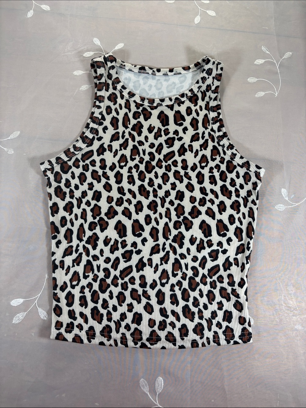 Women’s Leopard Ribbed Tank Top - White & Brown Small